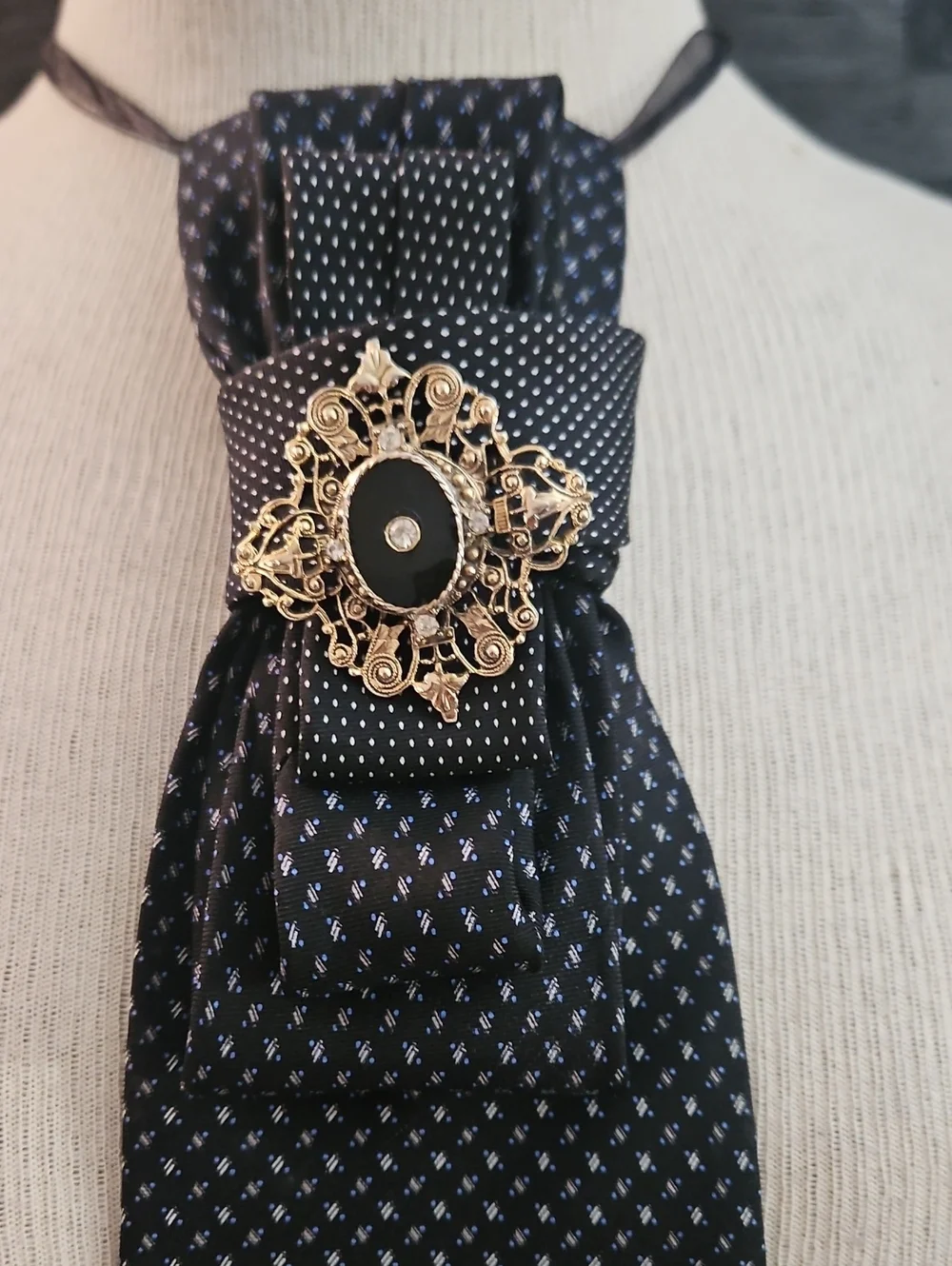 Tommy Hilfiger Statement Tie Necklace with Gold Tone Black Onyx Brooch